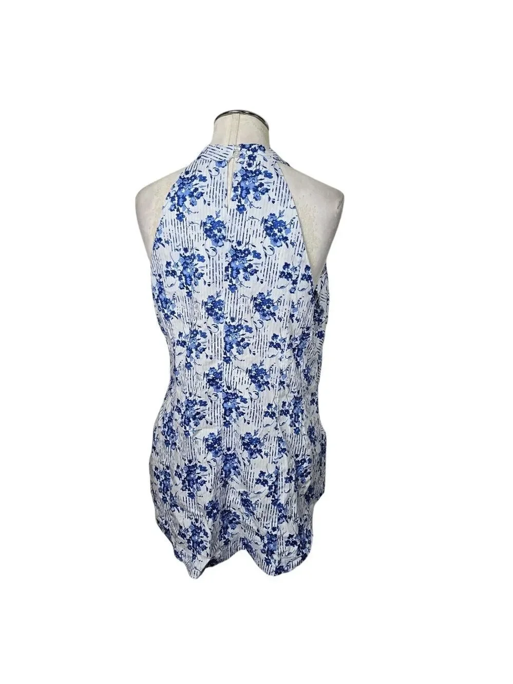 Kari Blue Curvy V Neck Floral Button Down Front Knot Keyhole Tank Top 14W